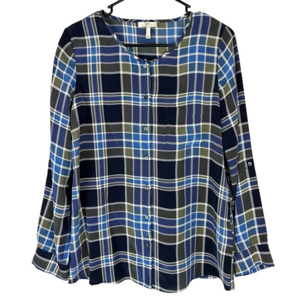 Joie Silk Plaid Shirt Blouse Top Blue Small Luxury Classic